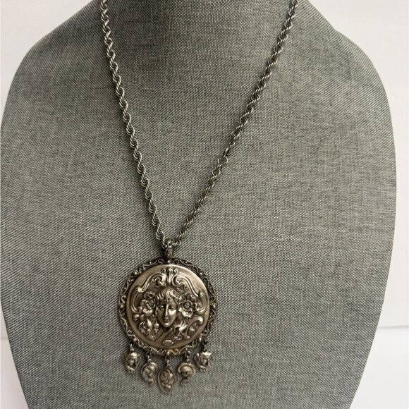 Victorian Style Silver Tone Necklace With Intricate Floral Face Design - Picture 2 of 6
